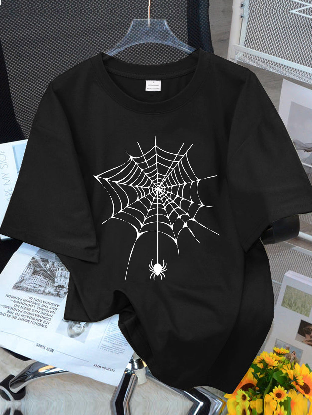 Spider Web T-Shirt Halloween Tee Simple Line Art Graphic Top product image 8