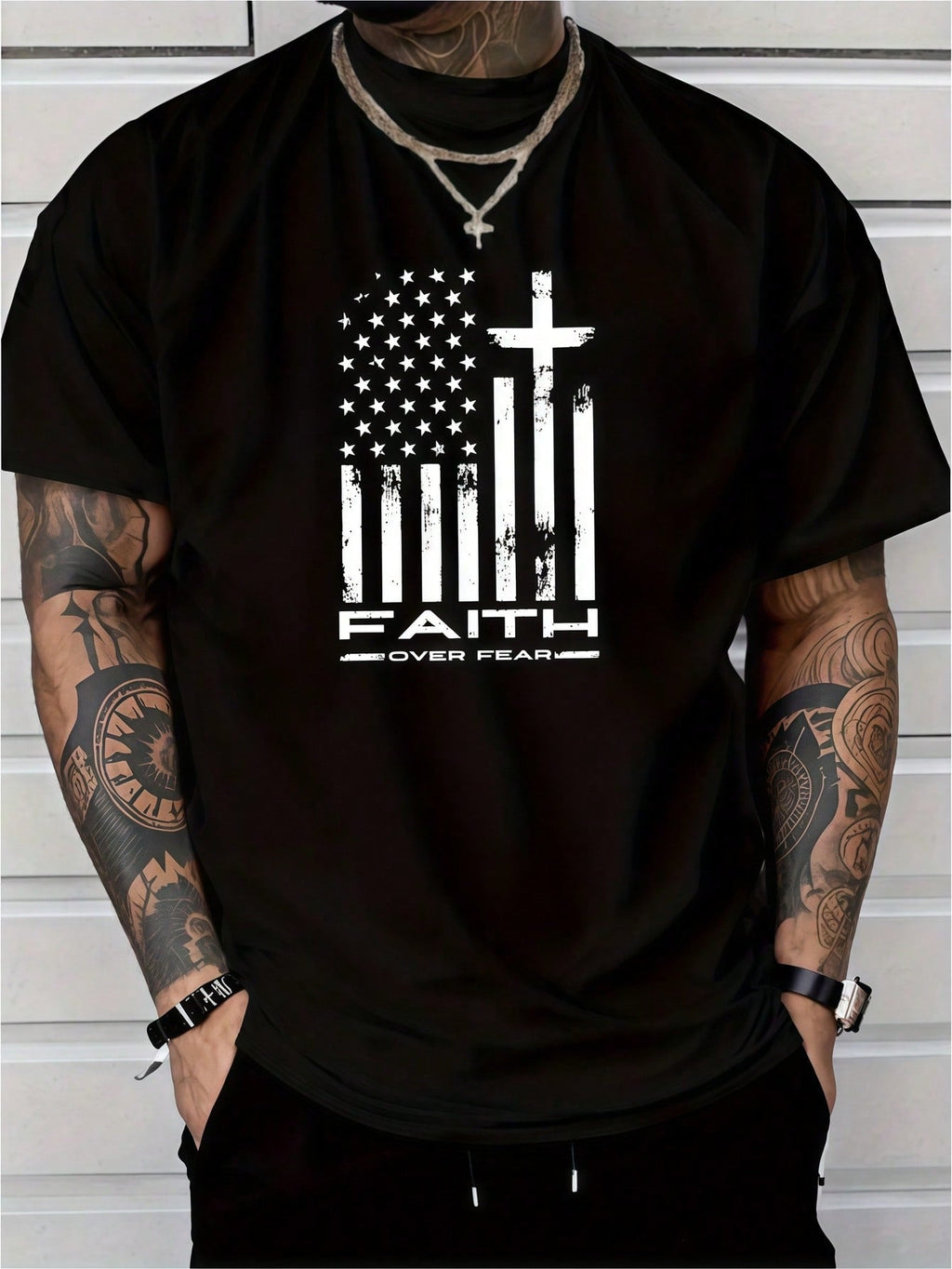 Men's Clothing Faith Flag Printed Black Tshirt, Graphic product image 1