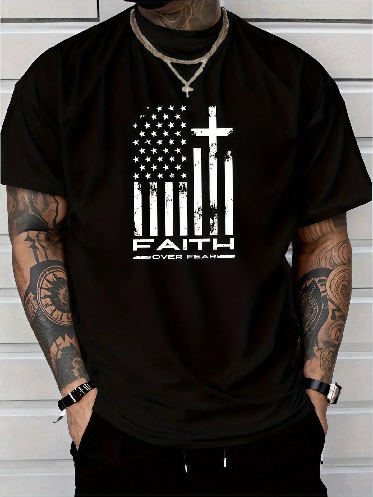 Men's Clothing Faith Flag Printed Black Tshirt, Graphic product image 1