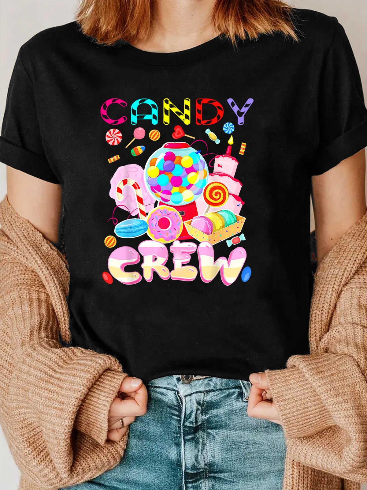 Candy Printed Crewneck T-shirt, Casual Everyday Top product image 1