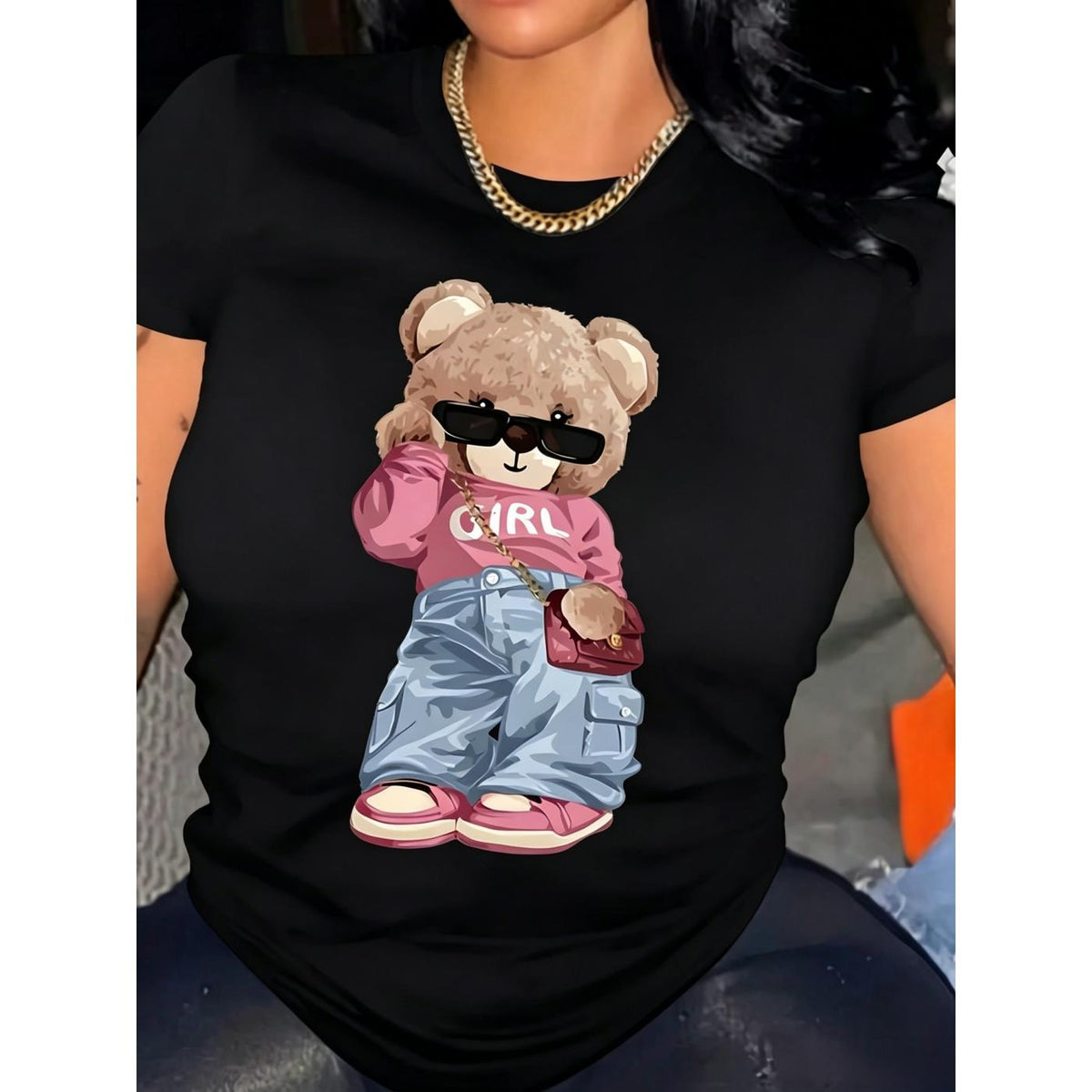 Women' Cool Bear Girl Print White TShirt Crew Neck Casual product image 2