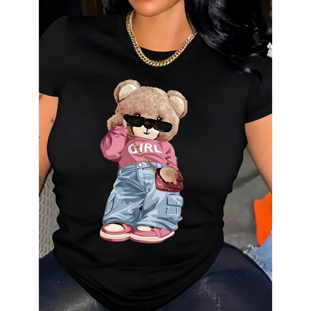Women' Cool Bear Girl Print White TShirt Crew Neck Casual product image 9