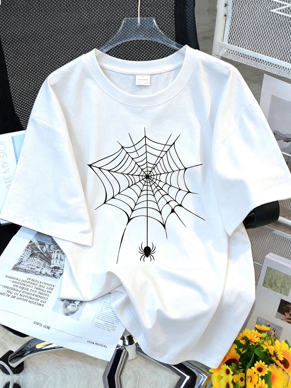Spider Web T-Shirt Halloween Tee Simple Line Art Graphic Top product image 1