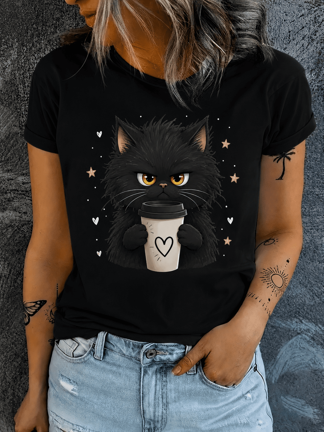 Cat Print Crew Neck T-Shirt, Casual Short Sleeve Top For product image 1