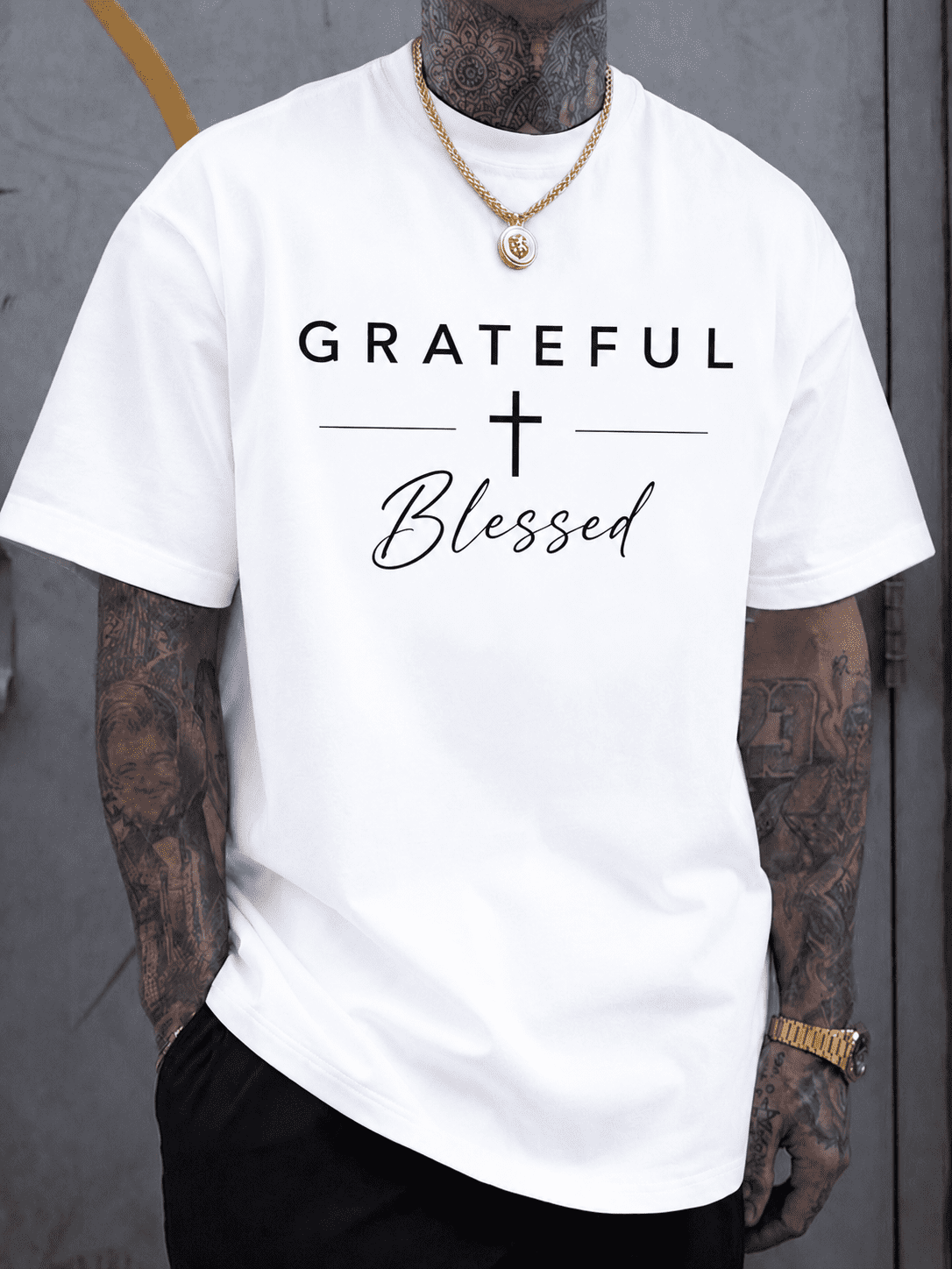 Men's Grateful Blessed Graphic T Shirt, Faith Cross Print product image 1