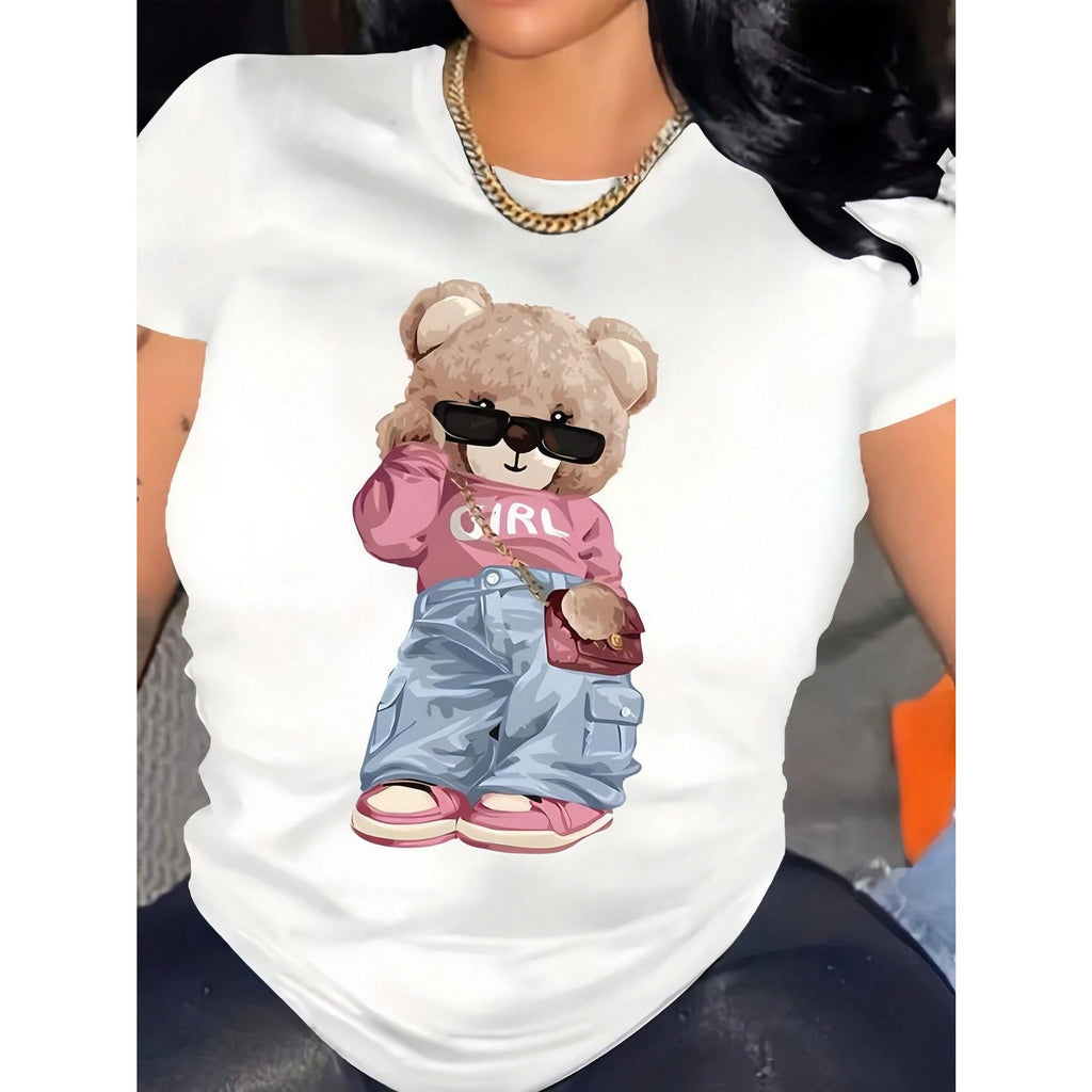 Women' Cool Bear Girl Print White TShirt Crew Neck Casual product image 1