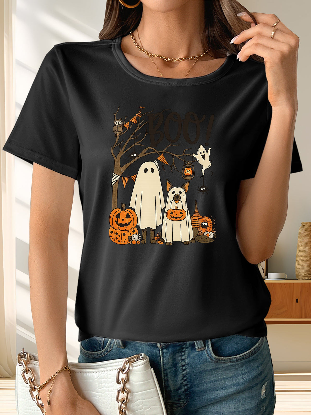 Boo! T-Shirt Halloween Ghost Dog Cute Pumpkin Tee product image 1